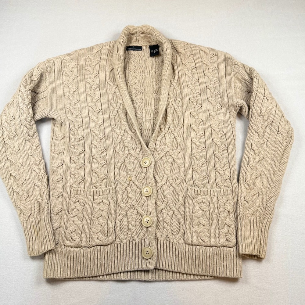 Moda International Women Beige Cable Knit Shawl Collar Cotton Cardigan Sweater S